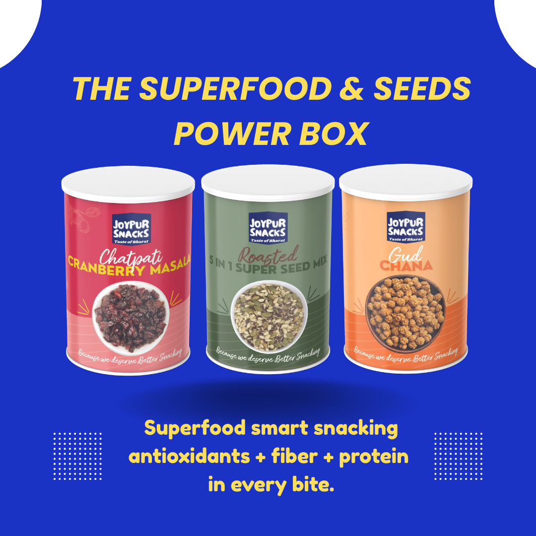 Joypur Snacks Superfood Power Box | Premium Healthy Snack Combo | 5 in 1 Super Seed Mix, Cranberry Mix & Gud Chana | High Fiber, Antioxidants & Protein | Clean Eating | Gifting & Diet Snacks (Pack of 3)