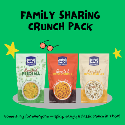 Joypur Snacks Family Crunch Combo | Best Healthy Roasted Snacks for Home & Parties | Navratan Mix + Pudina Chana Dal + Crispy Sticks | Flavorful Masala Snacks | Crunchy, Roasted & Non-Fried (Pack of 3)