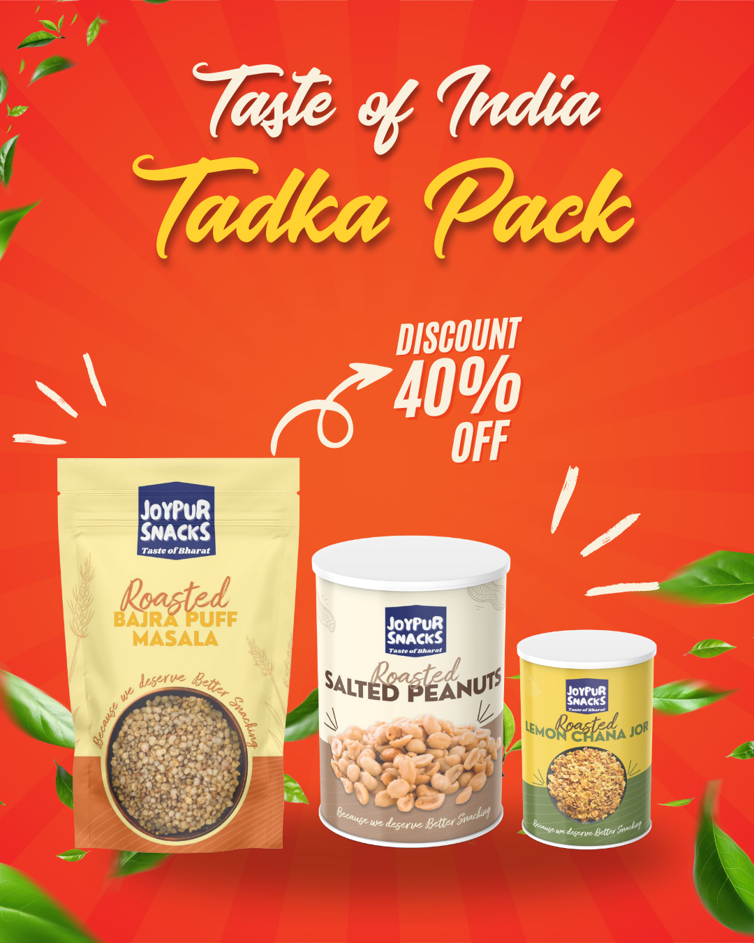 Joypur Snacks Taste of India Tadka Box | Traditional Flavours Snack Combo | Lemon Chana Jor, Bajra Puff Masala & Salted Peanuts | Roasted Masala Snacks | Guilt-Free, Healthy, Indian Street Snack (Pack of 3)
