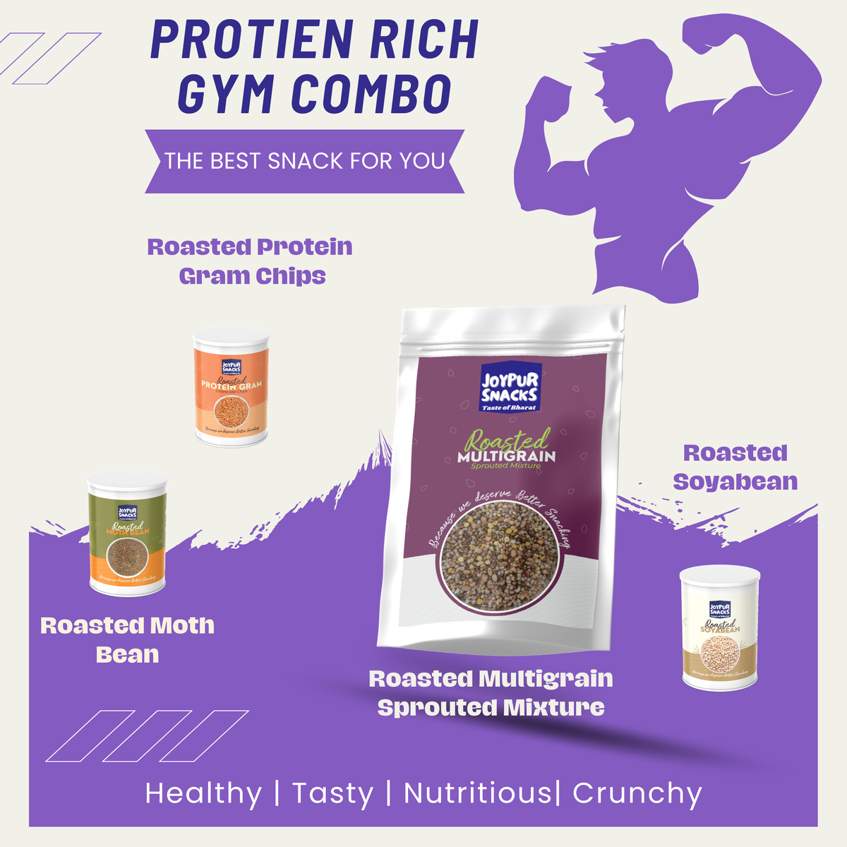 Joypur Snacks Protein Rich Gym Combo – Chana Dal Chips (80g), Roasted Soyabean (80g), Roasted Moth Bean (80g), Sprouted Multigrain Mix (200g) | Healthy, Roasted, High-Protein Snacks | Guilt-Free Gym Snack Pack
